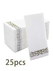 25片装一次性金色图案布艺餐巾，内置餐具袋，婚宴适用。亚麻质地白色餐巾，预折叠，适用于婚礼、节日、生日派对和餐桌装饰。