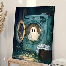 Washing Machine Halloween Decorations - Vintage Wood Frame Canvas Poster, Hangable Horror Home Decor For Living Room, Kitchen - Reusable Halloween, Christmas, Mother's Day Gift, Halloween Home Decor, Seasonal Artwork, Whimsical Artwork, Hangable Artwork, 2D Flat Print Poster, Frameless Painting