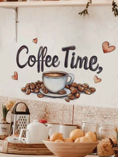 1pc Coffee Cup Wall Sticker "Coffee Time" Wall Decal, Removable Vinyl Decor For Home, Cafe, Shop, Coffee Station, Bar, Office, Room Room Decor Home Decor Wall Decor Wall Stickers Stickers Living Room Decor