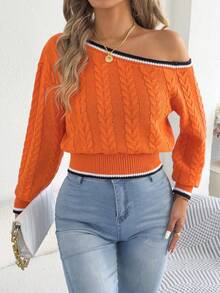 Autumn/Winter Fashionable Sexy Asymmetrical Neck Cable Knit Long Sleeve Sweater