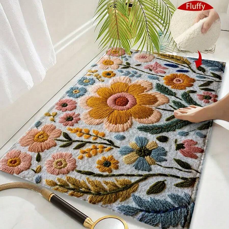 1pc Colorful Floral Pattern Super Soft Microfiber Bath Mat, Non-Slip, Absorbent, Machine Washable, Low Pile, TPR Backing, Knitted Fabric, Suitable For Bathroom, Bedroom, Kitchen, Entryway, Indoor & Outdoor, Ideal Bathroom Accessory, Decoration, And Housewarming Gift