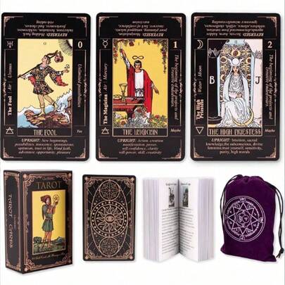 Baraja de Tarot original con guía, con la clásica obra de arte de Smith, 78 cartas de Tarot originales clásicas para juego de adivinación, baraja de Tarot estándar tradicional con significados ricos, baraja de Tarot duradera para principiantes a expertos avanzados (Negro)