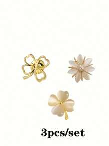 3pcs/Set Elegant Minimalist Alloy Flower Brooch With Cat Eye Stone, Fashion Scarf Clip, Shirt/Cardigan Pin Fastener, For Refined Accessory