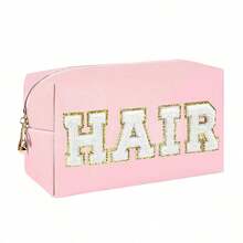 学院风化妆包女士旅行洗漱包雪尼尔字母化妆包 PU 皮革防水袋可爱拉链收纳包、皮肤、头发和面部旅行必备包，适合学校假期返校用品女士旅行包 - 彩色 - 查看 10