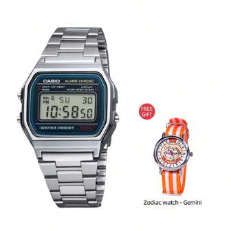 Casio A158WA-1 Men's Classic Vintage Sport Watch Black Digital Dial Stainless Steel Band Suitable For Daily Wear With A Zodiac Watch As Free Gift (Gemini)