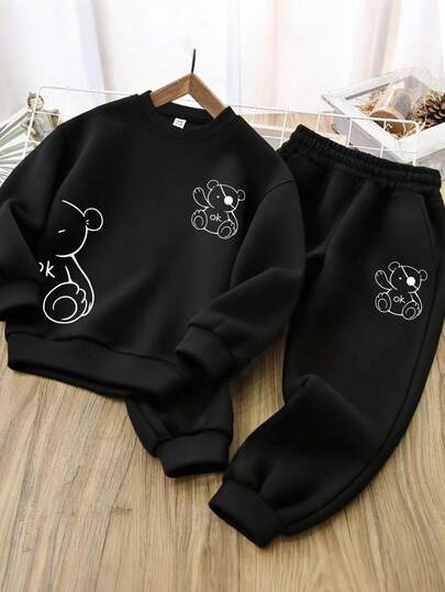 2pcs Set Boy Cute & Casual Bear Print Sweatshirt Set, Comfortable And Soft, Spring & Autumn Daily Casual Wear