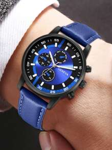 2Pcs Men's Blue PU Leather Strap Casual Three Eye Dial Quartz Watch Bracelet Set Suitable For Daily Wear Or Holiday Gift Giving