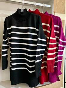 Women's Striped Knit Turtleneck Poncho Cold Weather Blouse Sweater Coat Knitwear Fall/Winter Fashion - 裸體 - 查看 4