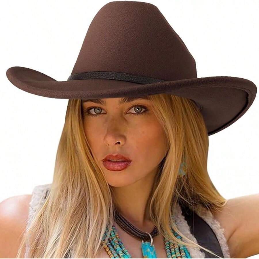 Classic Western Felt Cowboy Hat With Wide Brim For Outdoor Use - 1 Pc Style 2: Coffee - View 1