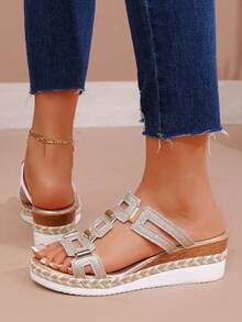 Nuevas sandalias planas de moda para mujer, sandalias bohemias de PU con diseño geométrico de unicolor, hollow-out, playa, festival, boda, escuela, vacaciones, fiesta, verano - Dorado - Ver 3