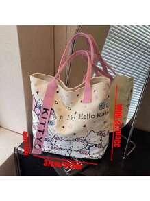 Sanrio Sanrio Sanrio Hello Kitty Canvas Handbag, Cute KT Tote Shoulder Bag, Cartoon Versatile Tote Bag, Large Capacity Commuter Bag, Suitable For Travel, Back To School, Commuting Tote Bag For School