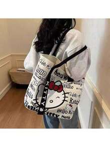 Sanrio Sanrio Sanrio Hello Kitty Canvas Handbag, Cute KT Tote Shoulder Bag, Cartoon Versatile Tote Bag, Large Capacity Commuter Bag, Suitable For Travel, Back To School, Commuting Tote Bag For School