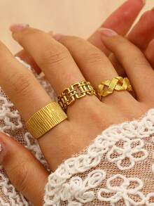3pcs/Set Stainless Steel Textured Line Design Rings, Fashionable Casual Versatile Rings Set, Suitable For Women Daily Wear, Great Gift For Friends, Quality Jewelry Accessory - Yellow Gold - View 8