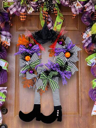 1pc Halloween Witch Hat, Pumpkin Wreath Door Hanging, Halloween Decor With Bow, Striped Ribbons, Holiday Atmosphere Props, Party Hanging Decoration