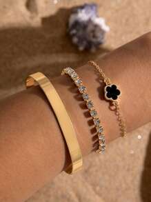 3pcs Minimalist Versatile Personalized Fashionable Alloy Rhinestone Clover Bracelet Set, Geometric Smooth Bangle Suit, Suitable For All Occasions, Ideal Gift - Black - View 3