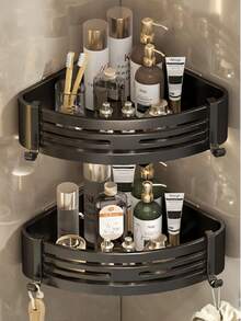 1pc Space-Saving Aluminum Bathroom Corner Shelf, Wall-Mounted Storage Rack With No Drilling Required, Triangular Design Suitable For Bathroom And Kitchen, Comes With Hooks, Essential For Back To School Season - Multicolor - View 12