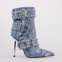 Women'S Punk-Rock Ankle Boots With Rhinestone & Studs - Graffiti Denim Stiletto Heels (Pointed Toe), Edgy Strappy Party Boots For Club/Street/Runway (All-Season Statement Shoes) - 牛仔布 - 查看 3