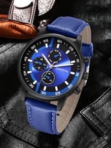 2Pcs Men's Blue PU Leather Strap Casual Three Eye Dial Quartz Watch Bracelet Set Suitable For Daily Wear Or Holiday Gift Giving