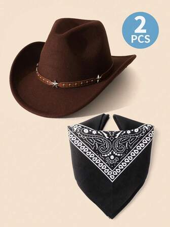 2-częściowy kostium kowboja w stylu western, dodatek do cosplayu w postaci kapelusza kowbojskiego, brązowy kapelusz kowbojski w stylu western, przebranie dla dzieci, zabawna gra fabularna na imprezę halloweenową, zestaw 1 brązowego kapelusza kowbojskiego z paskiem w gwiazdki, 1 czarna bandana