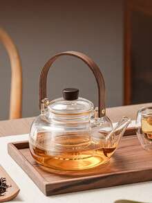 1 Set: 1 Teapot + 6 Cups With Tray, 1 Teapot + 4 Cups With Tray, Heat-Resistant Glass Teapot, Modern Minimalist Walnut Color Flower Tea Pot, Tea Kettle, Tea Pot Set, Suitable For Parties, Gatherings, All Seasons