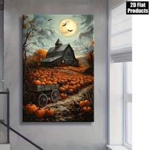 1 Canvas Wall Art Poster - Halloween Farmhouse With Pumpkins, Crows, Full Moon - Orange, Brown, Gray Fall Barn Scene, Indoor/Outdoor Fall Decor For Living Room, Bedroom, Office - Halloween Decor Gift Idea - Farmhouse Halloween Decor, Halloween Home Decor, Seasonal Room Decor, Dramatic Moonlight Scene, Textured Brushstrokes, High Quality Print, Rustic Style Fan, 2D Flat Print Poster, Frameless Painting
