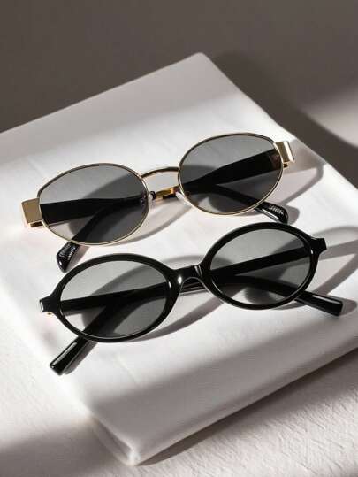 2pcs Retro Metal Frame Oval & Rhombus Fashion Glasses, Fashionable For Men & Women, Suitable For Daily Wear, Traveling, Beach, All Seasons