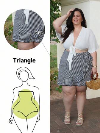 Truni Plus Size Spring & Summer Casual Color-Block Striped Tie Waist Ruffled Wrap Skirt Ruffle Shorts