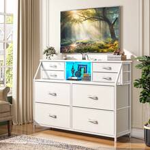 EnHomee 8 Drawers Dresser With Fabric Storage & LED Lights & Charging Station For Bedroom , Nightstand With Open Shelf For Living Room And Entryway, Easy To Assemble, White - 查看 2
