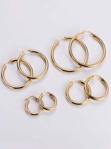 4 对时尚百搭现代风格精致不锈钢抛光电镀 18k 金粗圆线耳环 8 件个性化派对耳环 - 金色 - 查看 6