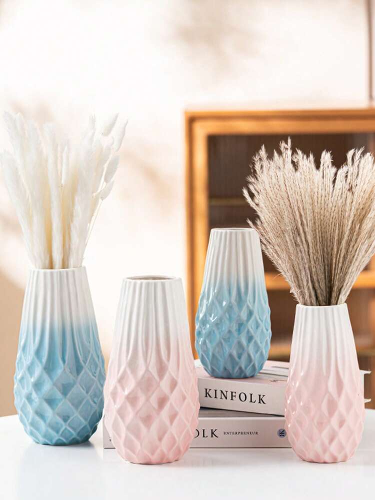 Single Geometric Ceramic Vase - Gradient Ombre Pink/Blue/White Textured Pot | Boho Centerpiece For Shelf Decor, Modern Spring Home | Dried Pampas Grass Flower Holder, Living Room Table Decor ,​Rattan Planters For Patio​ - Multicolor - View 4