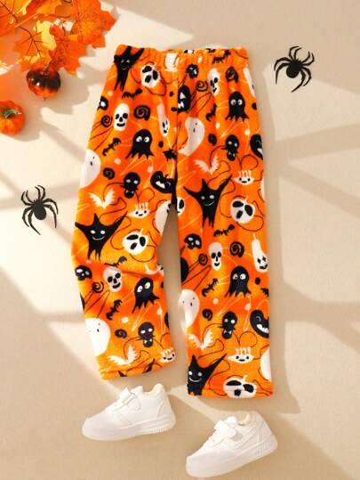 Pantaloni in flanella con stampa asimmetrica di pipistrelli e fantasmi, adatti per Ognissanti, autunno/inverno, moda casual per studenti, taglia 3-7 anni