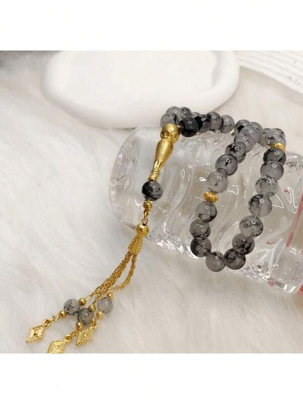 1 Stück 33 Stücke Naturstein-Perlenkette, schwarz-batikfarbenes Tasbih-Handgebet-Perlengebetskette