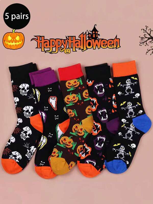 5 Pairs Halloween Pumpkin Couple Mid-Calf Socks, Skin-Friendly Soft Breathable
