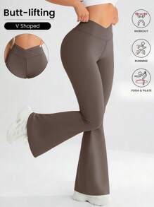 YZMJAFU 女士高腰喇叭裤，交叉弹力腰带设计，休闲百搭修身阔腿裤，弹力面料，凸显曲线，瑜伽/健身紧身打底裤，高腰无痕提臀收腹裤 - 柔软材质