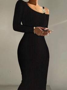 Solid Color Elegant Casual Metal Chain Ribbed Textured Asymmetric Collar Long Sleeve Dress, Suitable For Formal Occasions