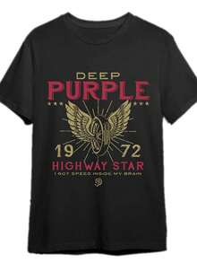 Vintage 1972 Deep Purple Highway Star Graphic T-Shirt - Men's Short Sleeve Cotton Tee, Black With Golden Wing & Star Design, Casual Round Neck, Machine Washable, Rock Band Merchandise, Vintage T Shirts - 黑色 - 查看 2