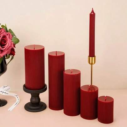 1 Set Ribbed Pillar Candles (1pc), Size: 1.96 In, 3.93 In, 7.87 In, 5.9 In, Large Soy Wax Scented Pillar Candles, Elegant Ribbed Modern Home Decor, Suitable For Bathroom And Living Room (Red)