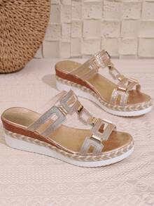 Nuevas sandalias planas de moda para mujer, sandalias bohemias de PU con diseño geométrico de unicolor, hollow-out, playa, festival, boda, escuela, vacaciones, fiesta, verano - Dorado - Ver 9