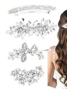 2/4/6/8/10 Peças Presilhas de Cabelo com Strass, Grampos de Cabelo com Cristal e Pérola Cintilante, Acessórios de Cabelo Elegantes para Casamento, Baile, Dia dos Namorados, Dança, para Cabelos Grossos e Longos, Noivas, Mulheres e Meninas, Tiaras - A - Visão 5