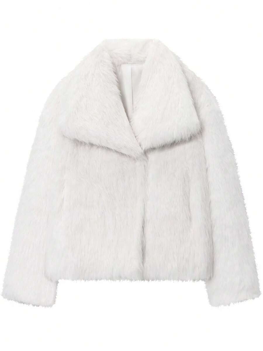 人造皮草外套，女士秋季外套，皮草大衣，女式大衣，白色，黑色，酒红色，灰色，米色，红色外套，皮草上衣，蓬松外套 - 白色 - 查看 1