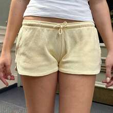 Womens Drawstring Shorts Casual Elastic Low Waist Solid Color Lounge Shorts Going Out Pants Minimalist Sporty - 黃色 - 查看 1