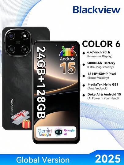 Blackview Color 6 解锁版 Android 15 AI 智能手机 (2025)，24GB+128GB/2TB 八核处理器，6.67 英寸显示屏，5000mAh 电池，5000 万像素摄像头，4G 双卡双待，已解锁，支持面部识别、OTG、GPS，3 个卡槽（不含适配器） - 夏季科技加速