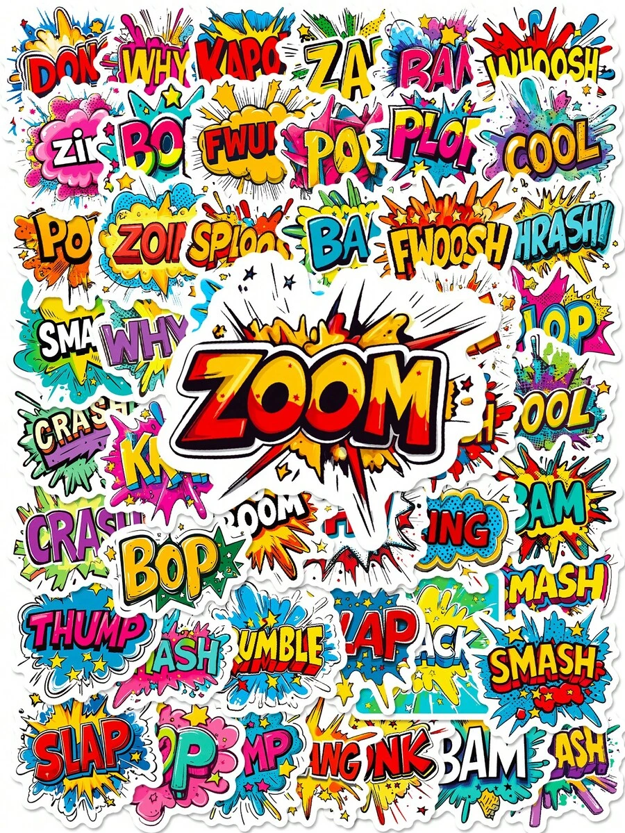 50张漫画音效贴纸，卡通音效贴花，活力动漫爆裂帧，卡通拟声词。防水乙烯基贴纸，适用于日记本、滑板、头盔、手机、派对礼品、节日礼物、角色扮演道具、返校时的流行文化装饰，适用于木材、玻璃、金属、陶瓷表面