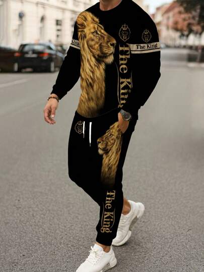 2 sztuki plus size męska bluza z nadrukiem złotego lwa i spodnie, swobodny strój sportowy - bluza z kapturem i spodnie w stylu ulicznym, ubrania jesienne