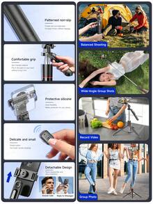 TOKQI 66.92-Inch Smartphone Selfie Stick Tripod – Telescopic Travel Tripod With Stabilized Handle & 360° Panoramic Shooting, Wireless Remote & Detachable Phone Holder, Compatible With GoPro/Camera/Smartphone/Android Pro MAX For Travel, Vlogging, Video & Photo - Black - View 8