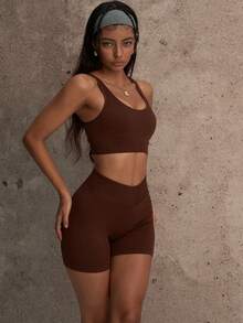 PinkTip Solid Color Convertible Cropped Top And High Waist Pants Set, Criss-Cross Back Design, Tummy Control And Butt Lifting, Four-Way Stretch Moisture-Wicking Fabric, Essential For Fitness, Yoga And Streetwear - 咖啡棕 - 查看 5