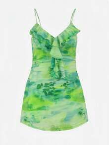 花卉印花荷叶边下摆吊带迷你休闲度假连衣裙