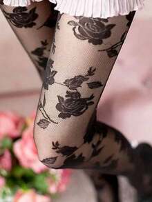 Medias rosa con patrón de flor - Negro - Ver 1