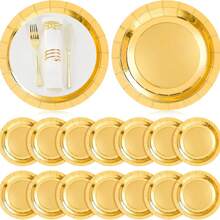 50/100个7英寸和9英寸金箔边纸盘，一次性白色纸盘，适用于生日、婚礼、圣诞节、新年、新娘送礼会派对用品装饰 - 金色 - 查看 3
