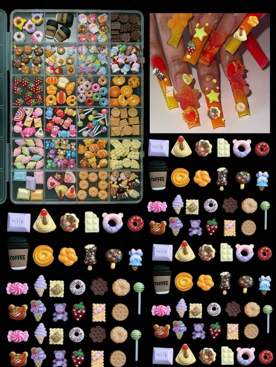 1Box New Creative Milk Chocolate Ice Cream Biscuits Resin Nail Charms 3D Realistic Colorful Donut Bread Nail Art Decorations For DIY Hairpin Nails Parts - 彩色 - 查看 1